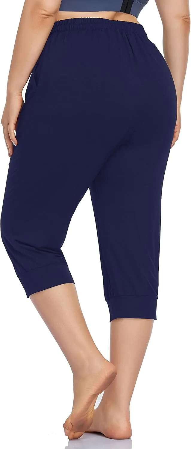 ZERDOCEAN Women's Plus Size Active Yoga Lounge Indoor Capri Casual Comfy Relaxed Joggers Pants with Pockets Drawstring