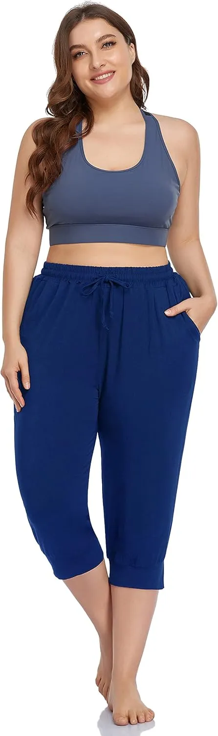 ZERDOCEAN Women's Plus Size Active Yoga Lounge Indoor Capri Casual Comfy Relaxed Joggers Pants with Pockets Drawstring