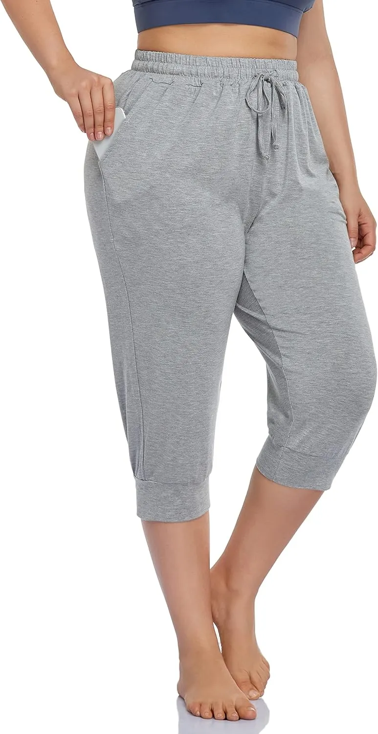 ZERDOCEAN Women's Plus Size Active Yoga Lounge Indoor Capri Casual Comfy Relaxed Joggers Pants with Pockets Drawstring