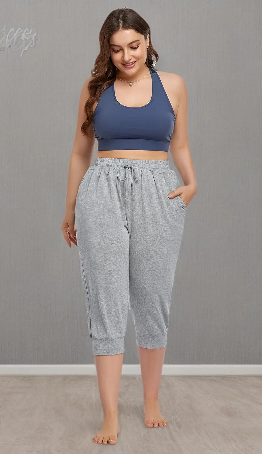 ZERDOCEAN Women's Plus Size Active Yoga Lounge Indoor Capri Casual Comfy Relaxed Joggers Pants with Pockets Drawstring