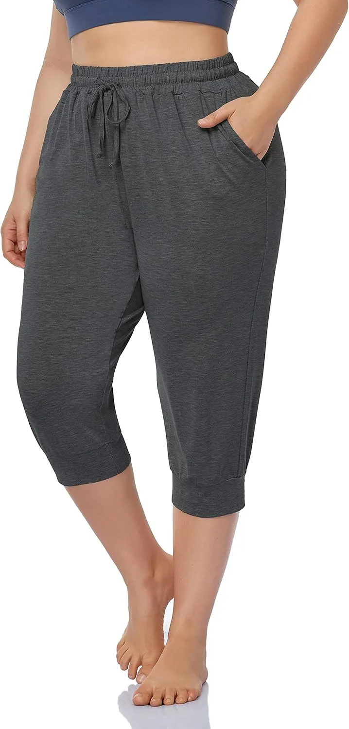 ZERDOCEAN Women's Plus Size Active Yoga Lounge Indoor Capri Casual Comfy Relaxed Joggers Pants with Pockets Drawstring