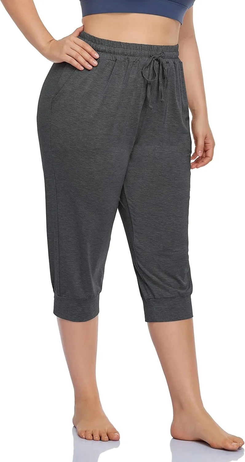 ZERDOCEAN Women's Plus Size Active Yoga Lounge Indoor Capri Casual Comfy Relaxed Joggers Pants with Pockets Drawstring