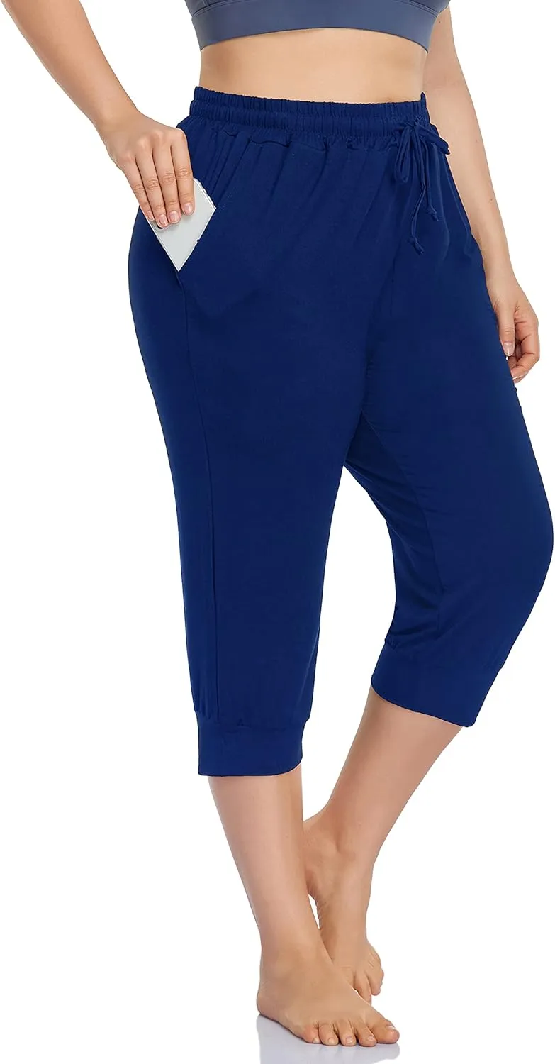ZERDOCEAN Women's Plus Size Active Yoga Lounge Indoor Capri Casual Comfy Relaxed Joggers Pants with Pockets Drawstring