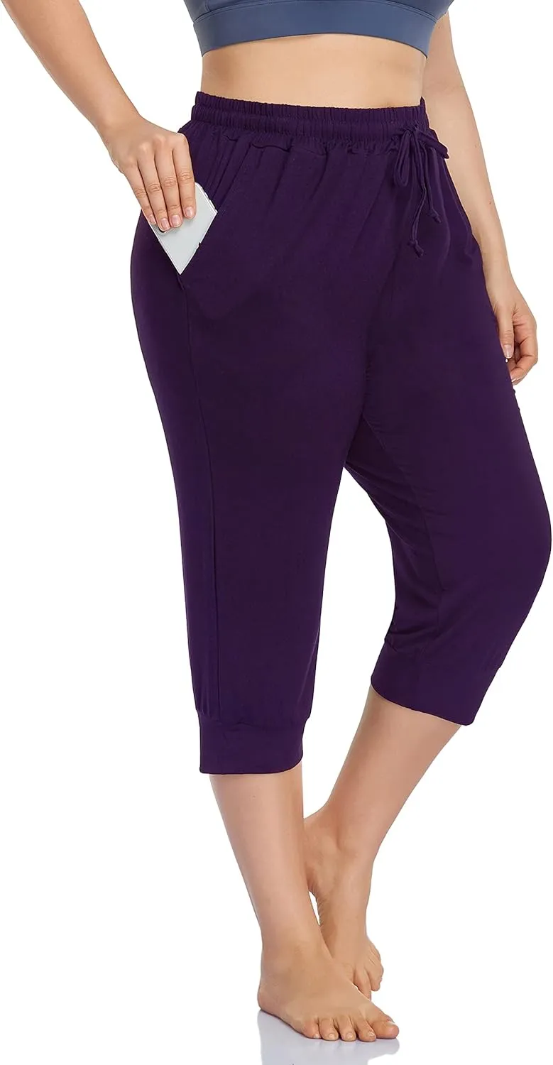 ZERDOCEAN Women's Plus Size Active Yoga Lounge Indoor Capri Casual Comfy Relaxed Joggers Pants with Pockets Drawstring