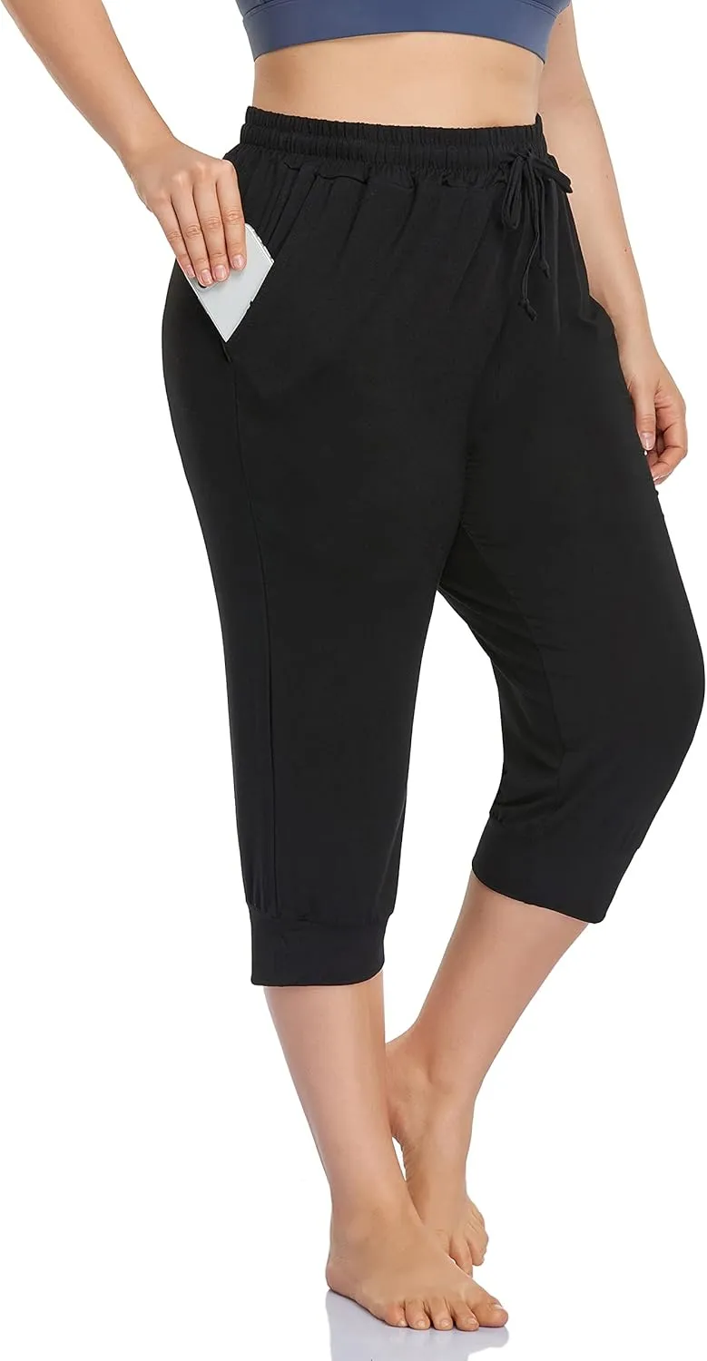 ZERDOCEAN Women's Plus Size Active Yoga Lounge Indoor Capri Casual Comfy Relaxed Joggers Pants with Pockets Drawstring