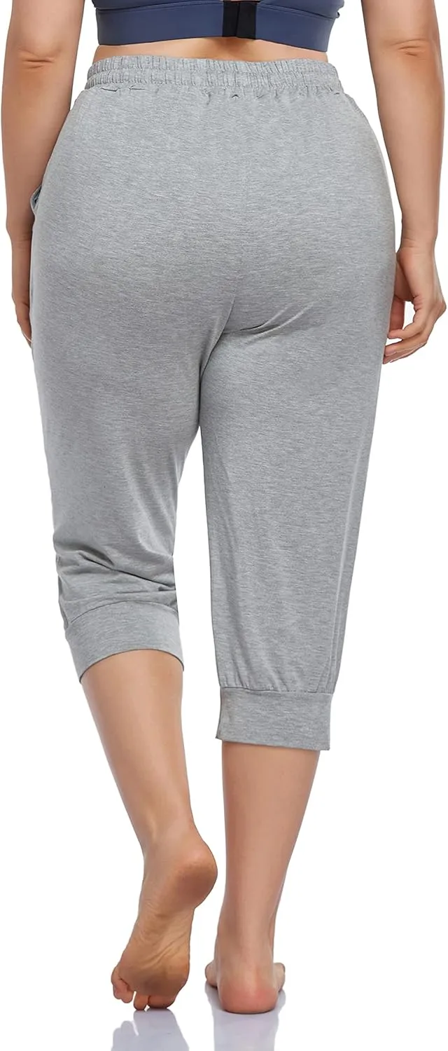 ZERDOCEAN Women's Plus Size Active Yoga Lounge Indoor Capri Casual Comfy Relaxed Joggers Pants with Pockets Drawstring