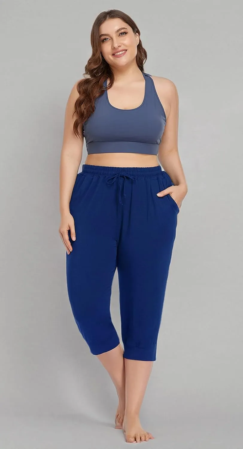 ZERDOCEAN Women's Plus Size Active Yoga Lounge Indoor Capri Casual Comfy Relaxed Joggers Pants with Pockets Drawstring