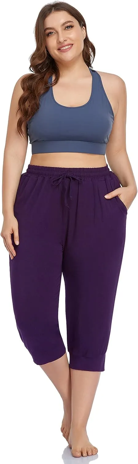 ZERDOCEAN Women's Plus Size Active Yoga Lounge Indoor Capri Casual Comfy Relaxed Joggers Pants with Pockets Drawstring