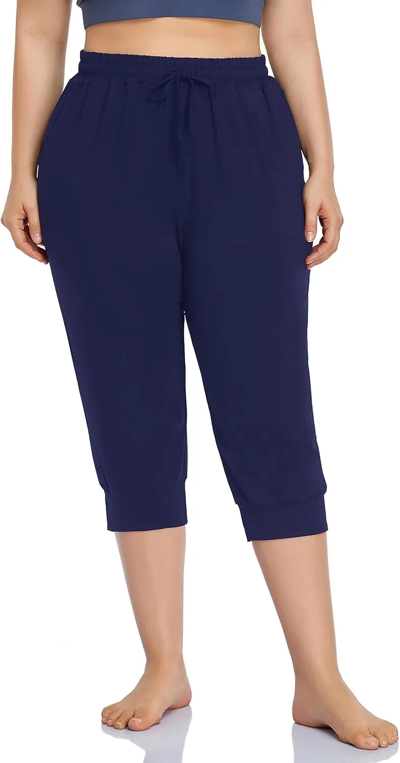 ZERDOCEAN Women's Plus Size Active Yoga Lounge Indoor Capri Casual Comfy Relaxed Joggers Pants with Pockets Drawstring
