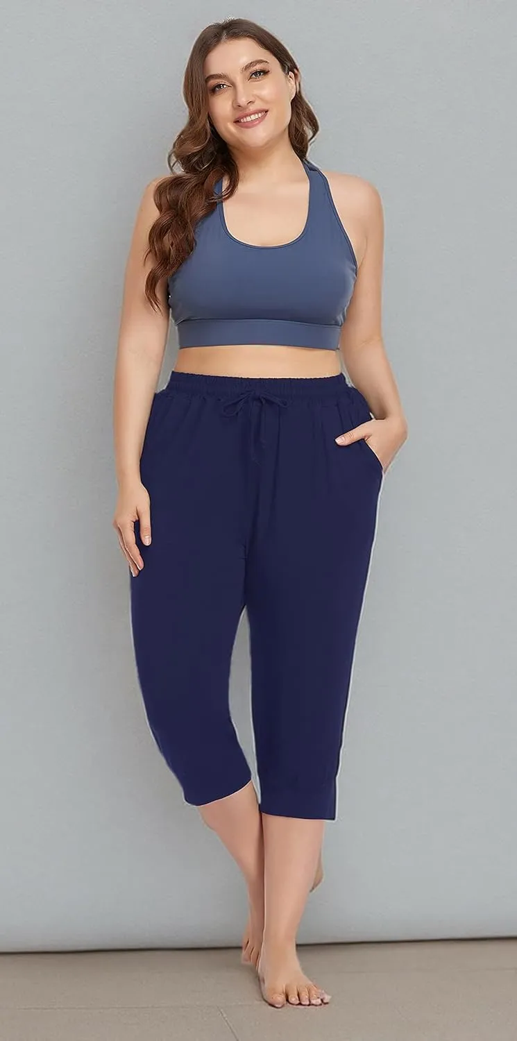 ZERDOCEAN Women's Plus Size Active Yoga Lounge Indoor Capri Casual Comfy Relaxed Joggers Pants with Pockets Drawstring