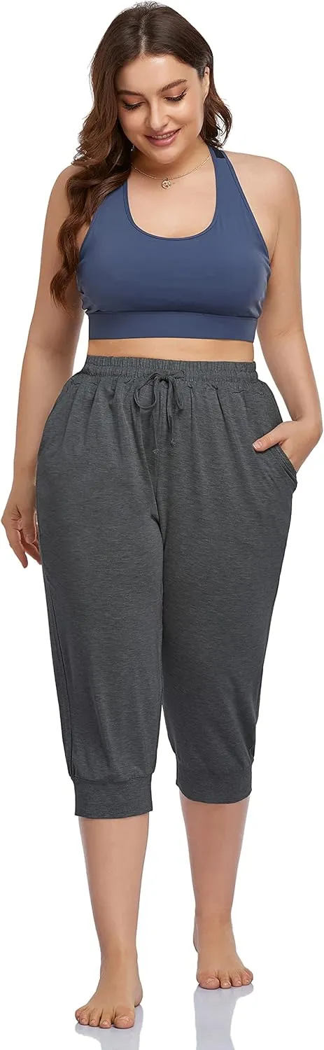 ZERDOCEAN Women's Plus Size Active Yoga Lounge Indoor Capri Casual Comfy Relaxed Joggers Pants with Pockets Drawstring