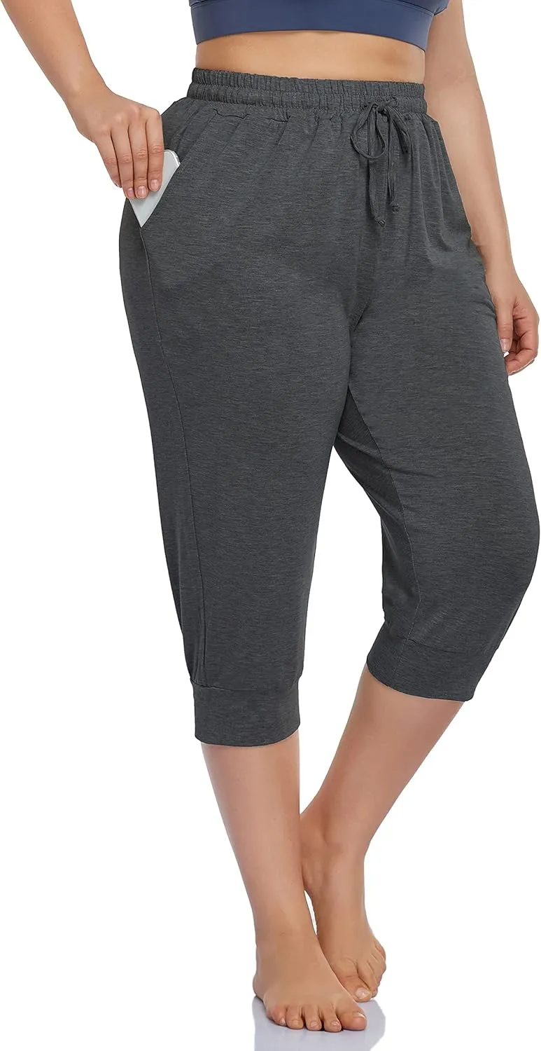 ZERDOCEAN Women's Plus Size Active Yoga Lounge Indoor Capri Casual Comfy Relaxed Joggers Pants with Pockets Drawstring