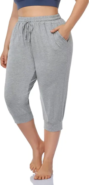 ZERDOCEAN Women's Plus Size Active Yoga Lounge Indoor Capri Casual Comfy Relaxed Joggers Pants with Pockets Drawstring