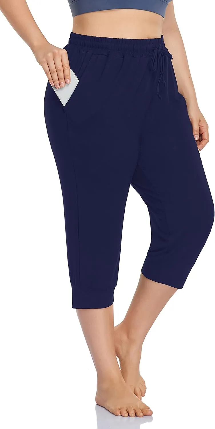 ZERDOCEAN Women's Plus Size Active Yoga Lounge Indoor Capri Casual Comfy Relaxed Joggers Pants with Pockets Drawstring
