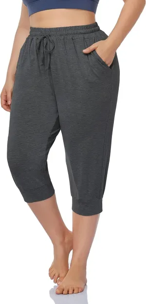ZERDOCEAN Women's Plus Size Active Yoga Lounge Indoor Capri Casual Comfy Relaxed Joggers Pants with Pockets Drawstring