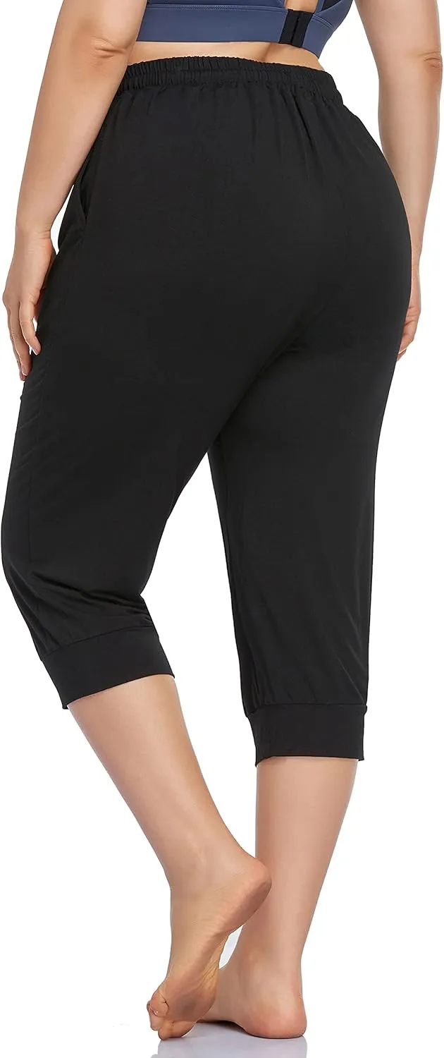 ZERDOCEAN Women's Plus Size Active Yoga Lounge Indoor Capri Casual Comfy Relaxed Joggers Pants with Pockets Drawstring