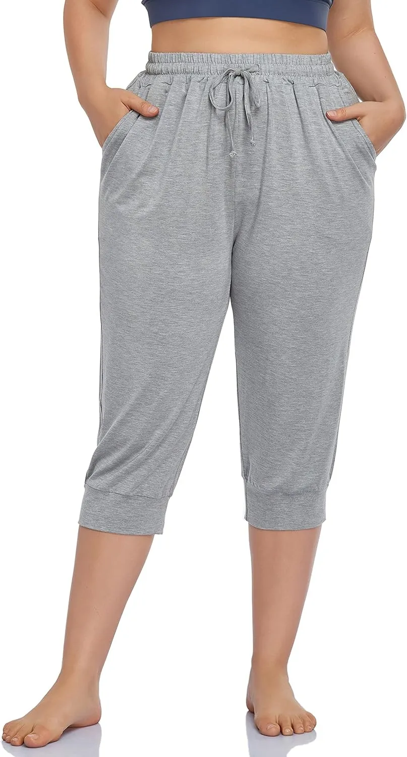 ZERDOCEAN Women's Plus Size Active Yoga Lounge Indoor Capri Casual Comfy Relaxed Joggers Pants with Pockets Drawstring