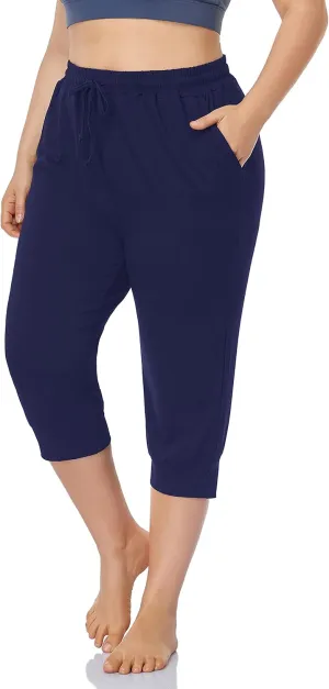 ZERDOCEAN Women's Plus Size Active Yoga Lounge Indoor Capri Casual Comfy Relaxed Joggers Pants with Pockets Drawstring