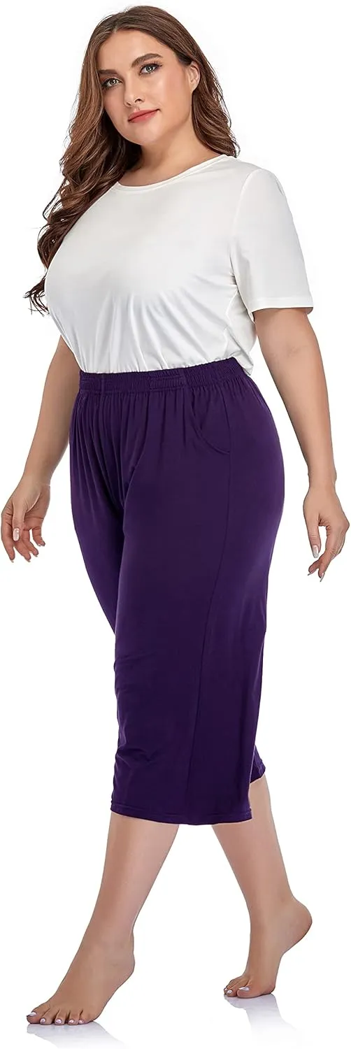 ZERDOCEAN Women's Plus Size Modal Stretchy Relaxed Lounge Capris with Pockets