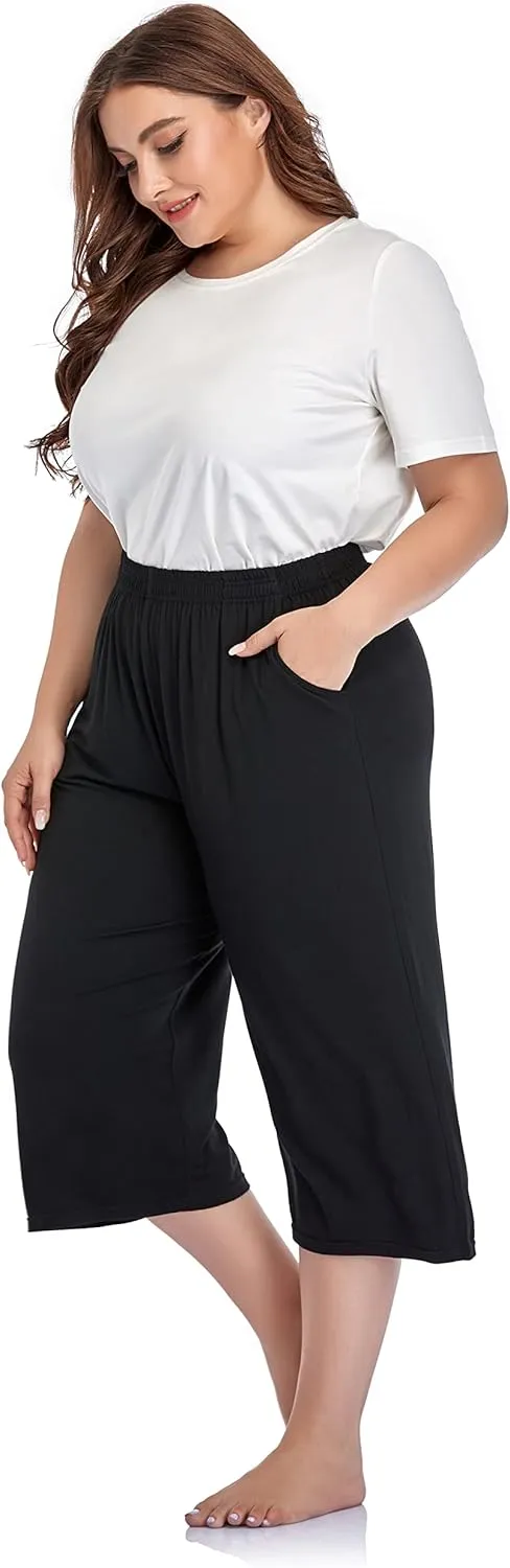 ZERDOCEAN Women's Plus Size Modal Stretchy Relaxed Lounge Capris with Pockets