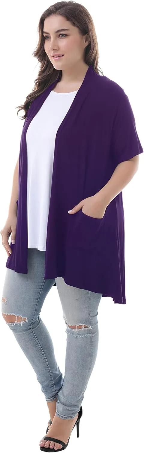 ZERDOCEAN Women's Plus Size Short Sleeve Lightweight Soft Printed Drape Cardigan with Pockets