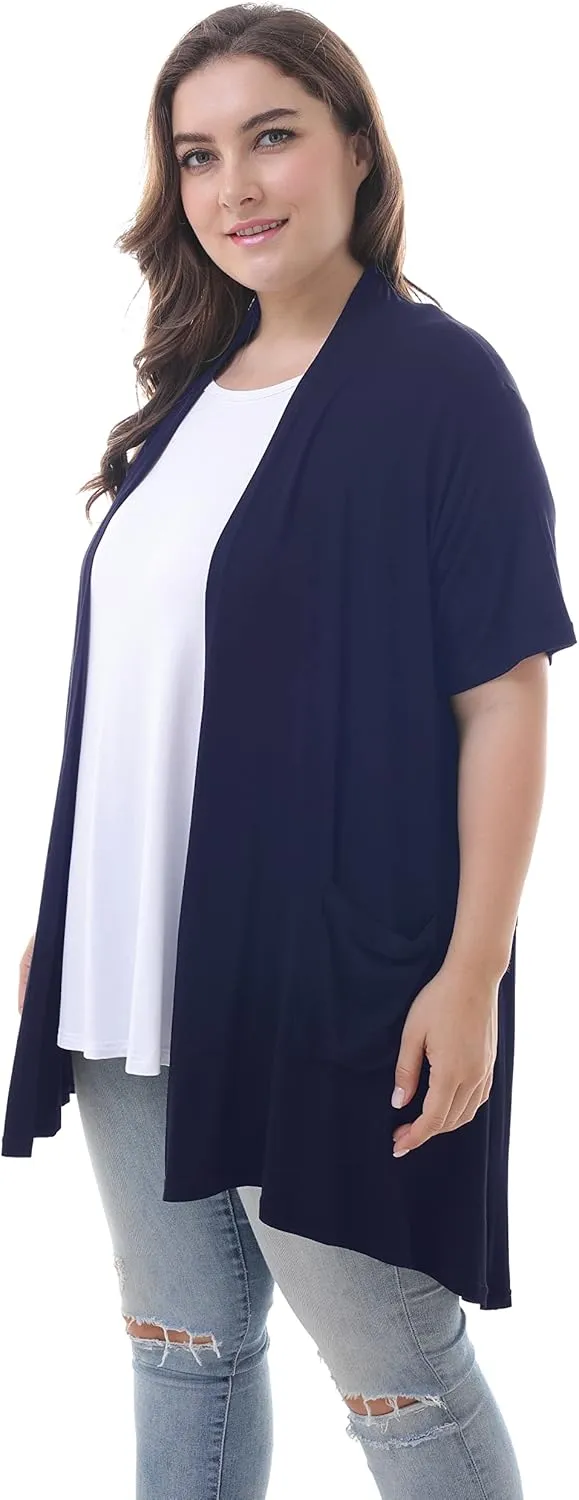 ZERDOCEAN Women's Plus Size Short Sleeve Lightweight Soft Printed Drape Cardigan with Pockets