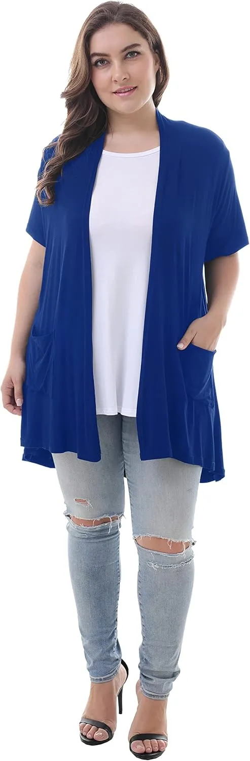 ZERDOCEAN Women's Plus Size Short Sleeve Lightweight Soft Printed Drape Cardigan with Pockets