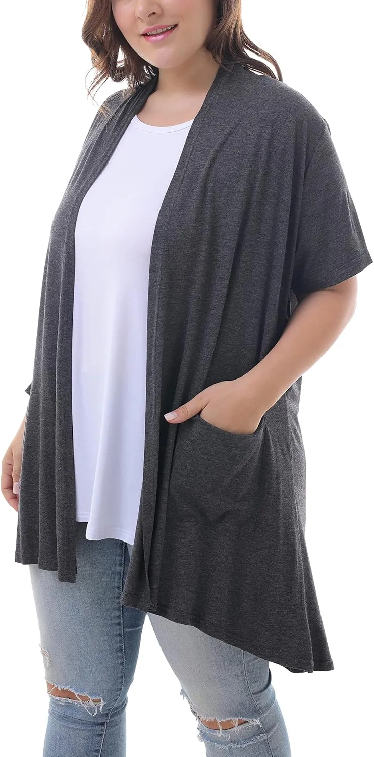 ZERDOCEAN Women's Plus Size Short Sleeve Lightweight Soft Printed Drape Cardigan with Pockets