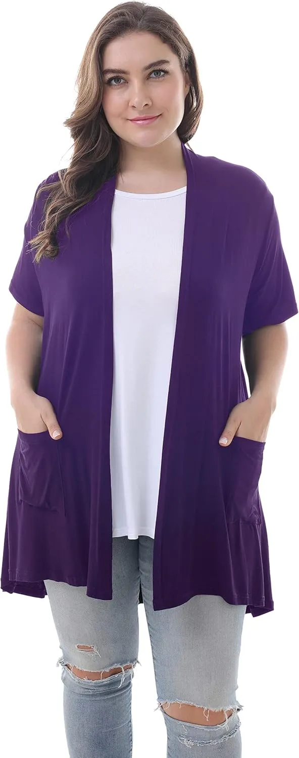ZERDOCEAN Women's Plus Size Short Sleeve Lightweight Soft Printed Drape Cardigan with Pockets