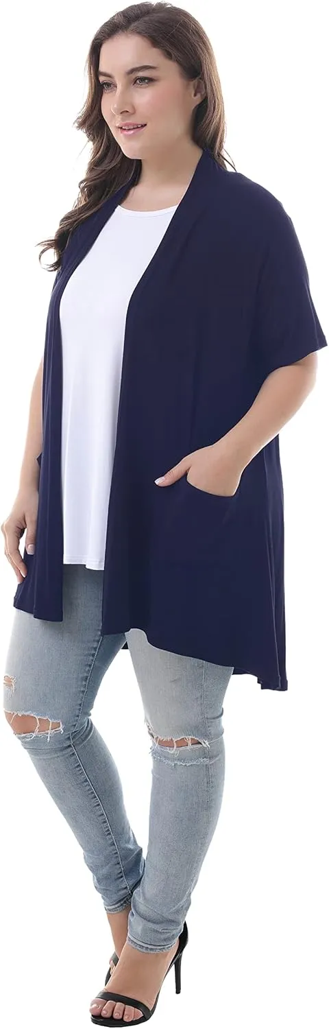 ZERDOCEAN Women's Plus Size Short Sleeve Lightweight Soft Printed Drape Cardigan with Pockets