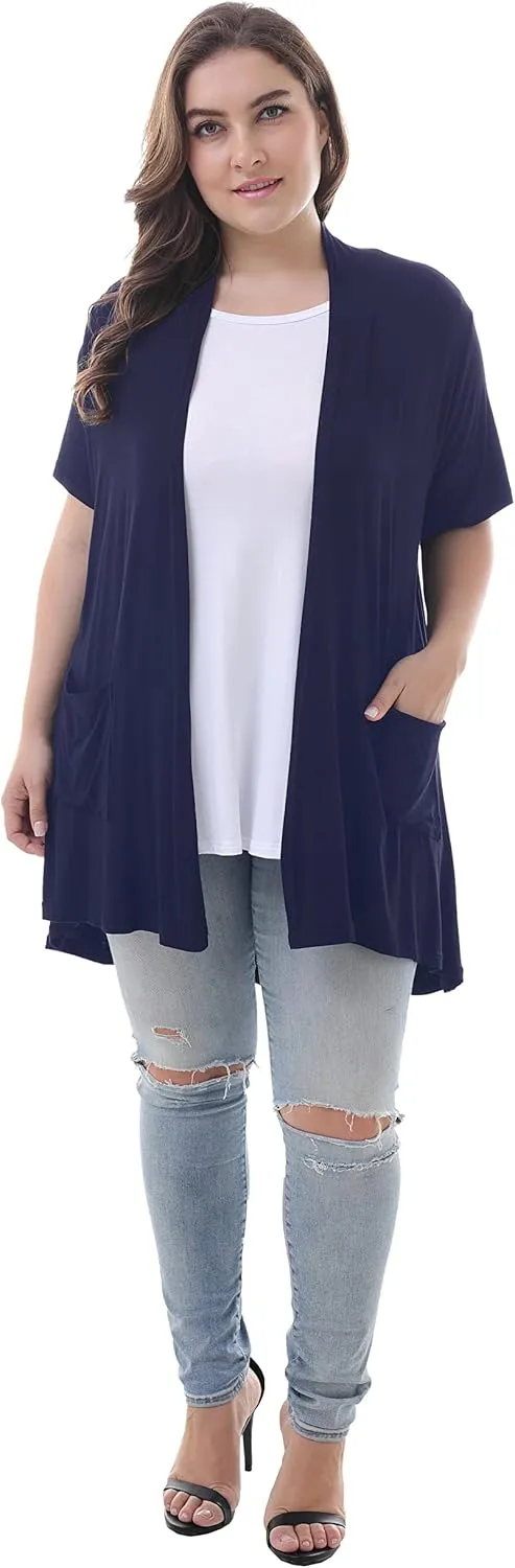 ZERDOCEAN Women's Plus Size Short Sleeve Lightweight Soft Printed Drape Cardigan with Pockets