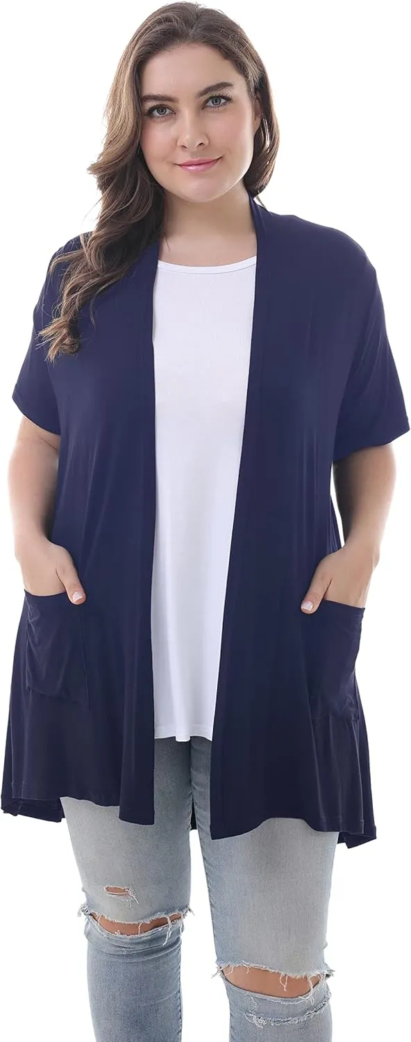 ZERDOCEAN Women's Plus Size Short Sleeve Lightweight Soft Printed Drape Cardigan with Pockets