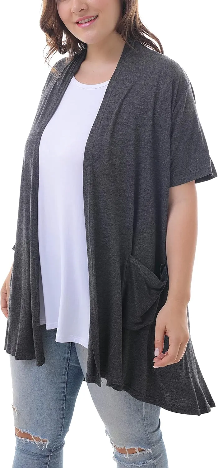 ZERDOCEAN Women's Plus Size Short Sleeve Lightweight Soft Printed Drape Cardigan with Pockets