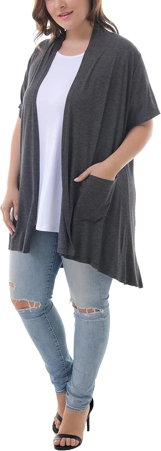 ZERDOCEAN Women's Plus Size Short Sleeve Lightweight Soft Printed Drape Cardigan with Pockets