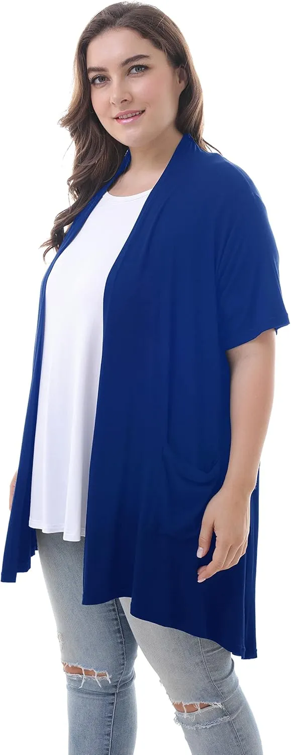 ZERDOCEAN Women's Plus Size Short Sleeve Lightweight Soft Printed Drape Cardigan with Pockets