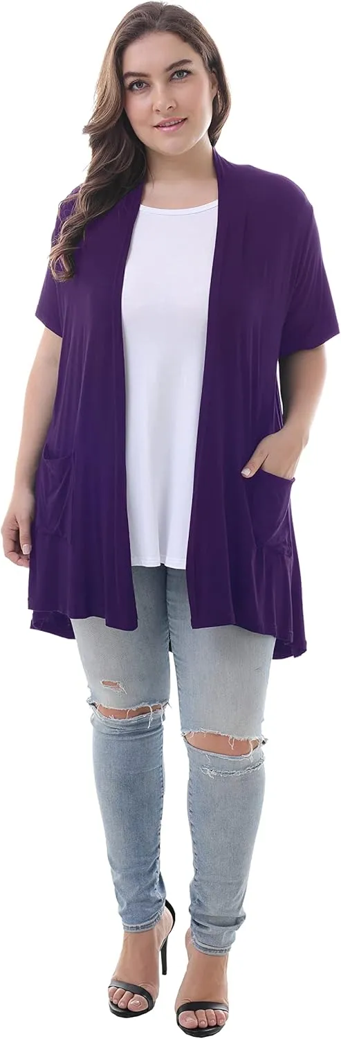 ZERDOCEAN Women's Plus Size Short Sleeve Lightweight Soft Printed Drape Cardigan with Pockets