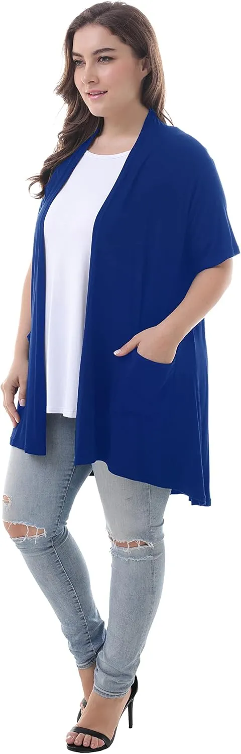 ZERDOCEAN Women's Plus Size Short Sleeve Lightweight Soft Printed Drape Cardigan with Pockets