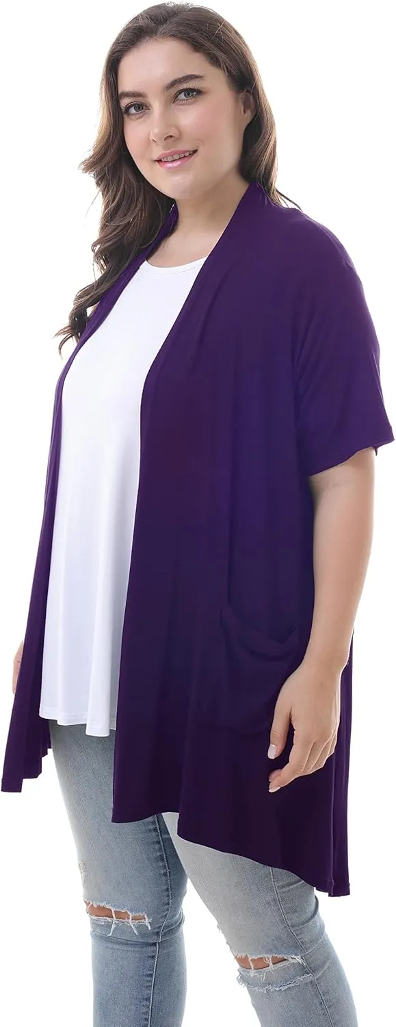 ZERDOCEAN Women's Plus Size Short Sleeve Lightweight Soft Printed Drape Cardigan with Pockets