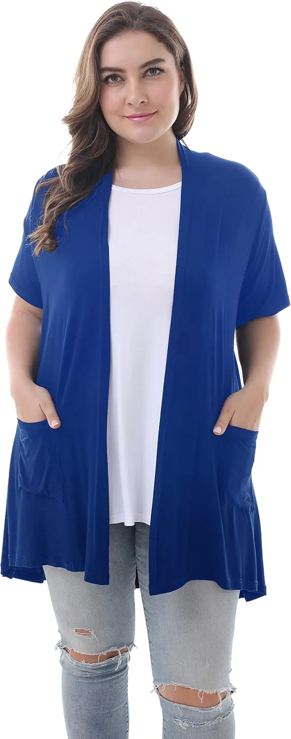ZERDOCEAN Women's Plus Size Short Sleeve Lightweight Soft Printed Drape Cardigan with Pockets
