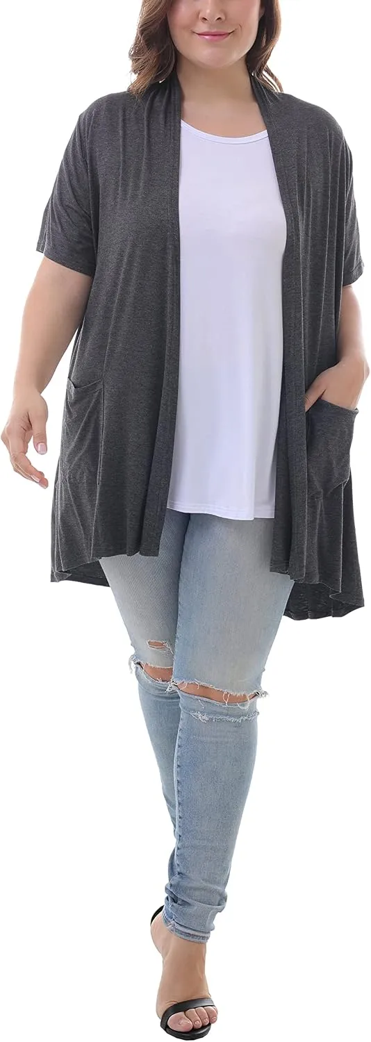 ZERDOCEAN Women's Plus Size Short Sleeve Lightweight Soft Printed Drape Cardigan with Pockets
