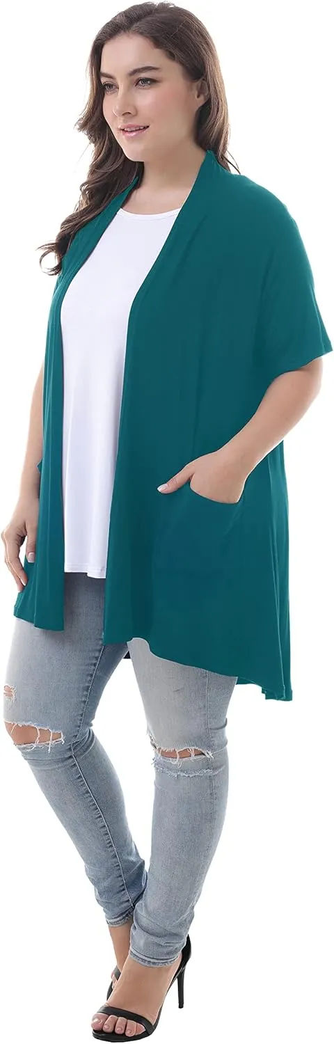 ZERDOCEAN Women's Plus Size Short Sleeve Lightweight Soft Printed Drape Cardigan with Pockets