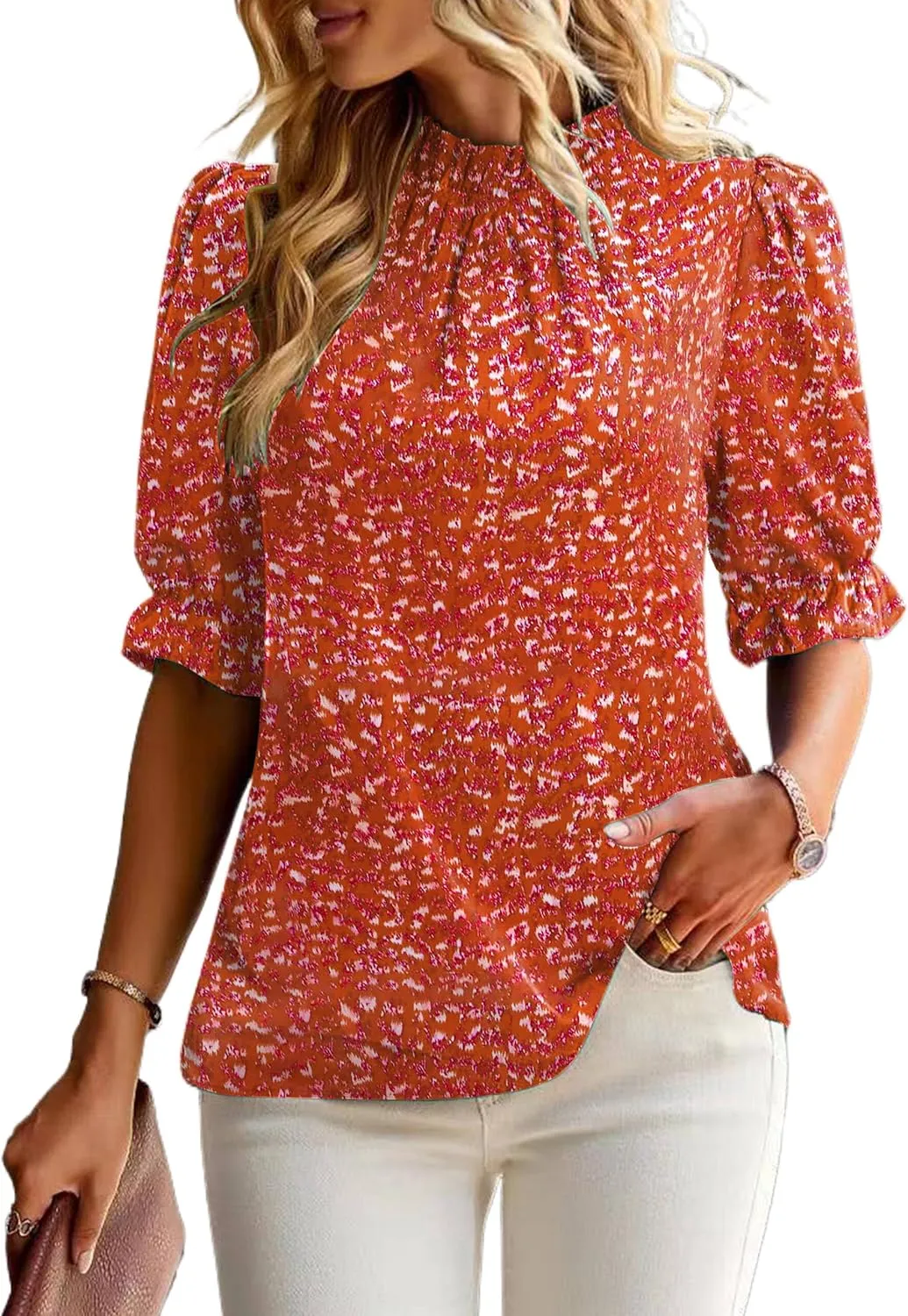 ZILIN Women's Summer Boho Floral Shirt Top Ruffle Mock Neck Puff Short Sleeve 2024 Casual Blouses