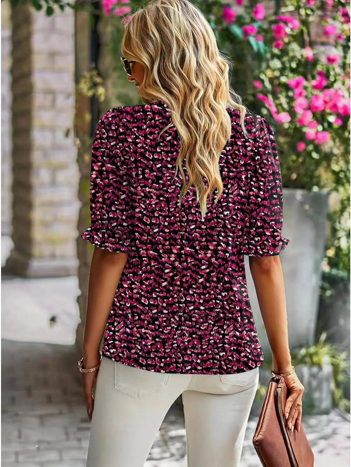 ZILIN Women's Summer Boho Floral Shirt Top Ruffle Mock Neck Puff Short Sleeve 2024 Casual Blouses