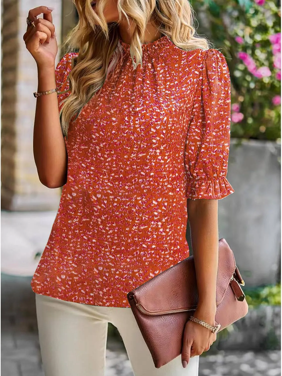 ZILIN Women's Summer Boho Floral Shirt Top Ruffle Mock Neck Puff Short Sleeve 2024 Casual Blouses
