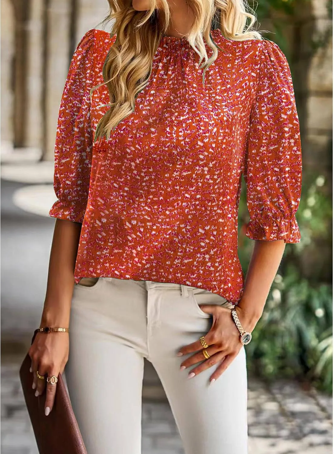 ZILIN Women's Summer Boho Floral Shirt Top Ruffle Mock Neck Puff Short Sleeve 2024 Casual Blouses