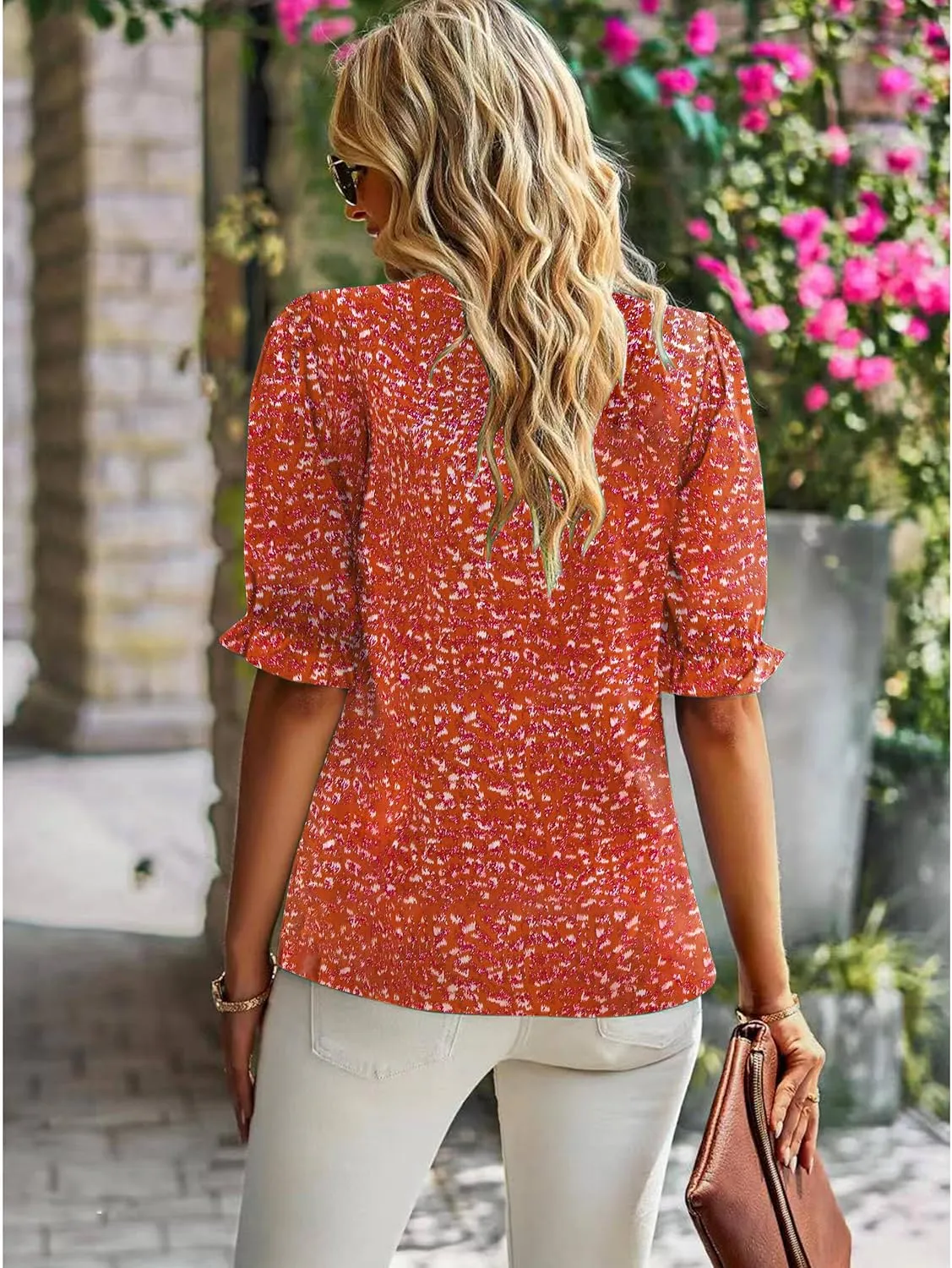 ZILIN Women's Summer Boho Floral Shirt Top Ruffle Mock Neck Puff Short Sleeve 2024 Casual Blouses