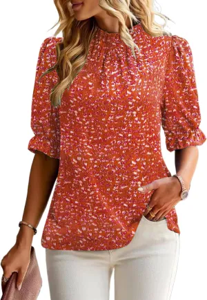 ZILIN Women's Summer Boho Floral Shirt Top Ruffle Mock Neck Puff Short Sleeve 2024 Casual Blouses