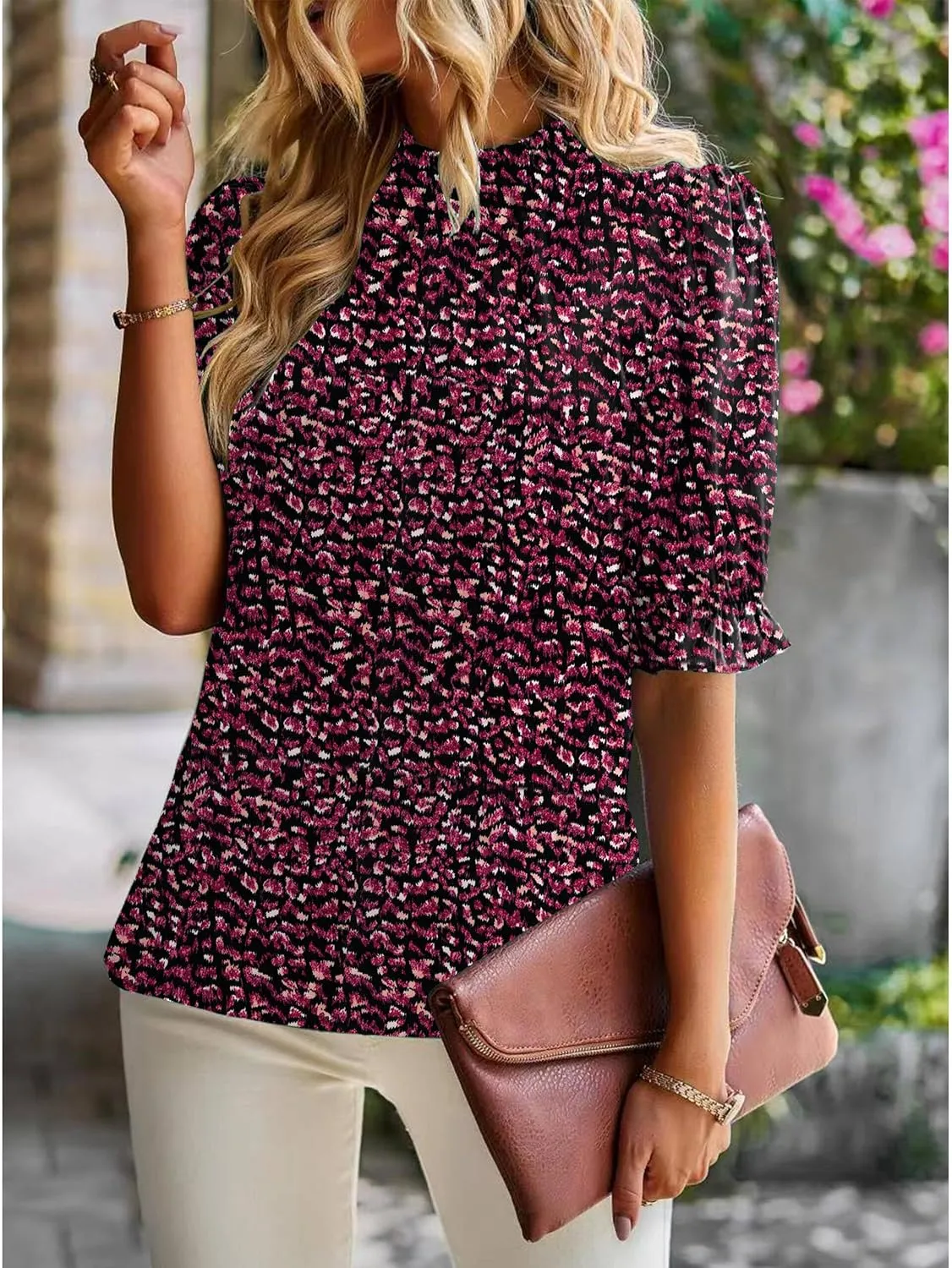 ZILIN Women's Summer Boho Floral Shirt Top Ruffle Mock Neck Puff Short Sleeve 2024 Casual Blouses