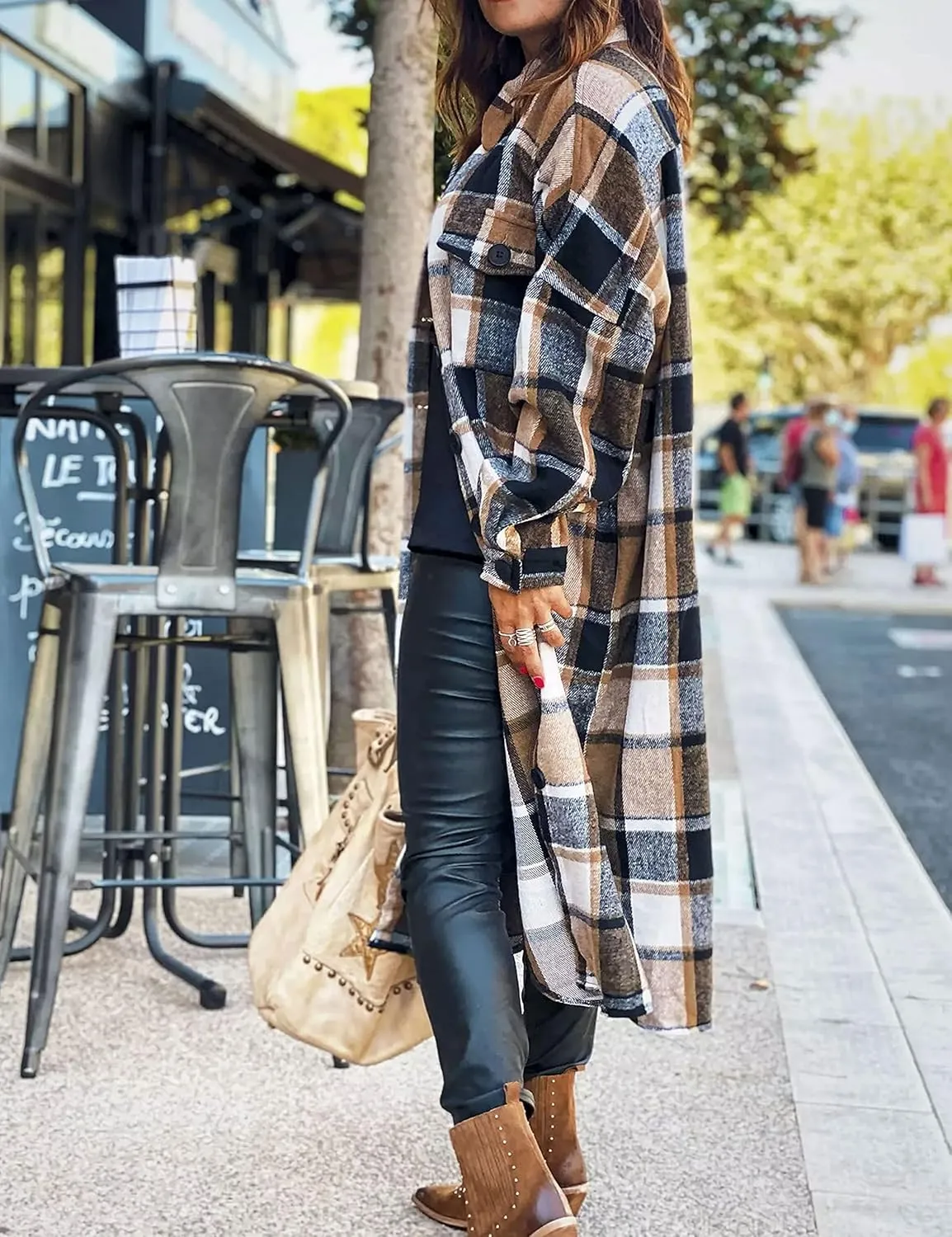 Zontroldy Casual Long Plaid Shirts Shacket Jacket Button Down Long Sleeve Shirts Trench Coats for Women