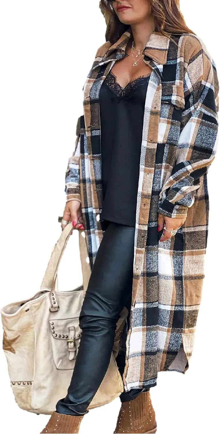 Zontroldy Casual Long Plaid Shirts Shacket Jacket Button Down Long Sleeve Shirts Trench Coats for Women